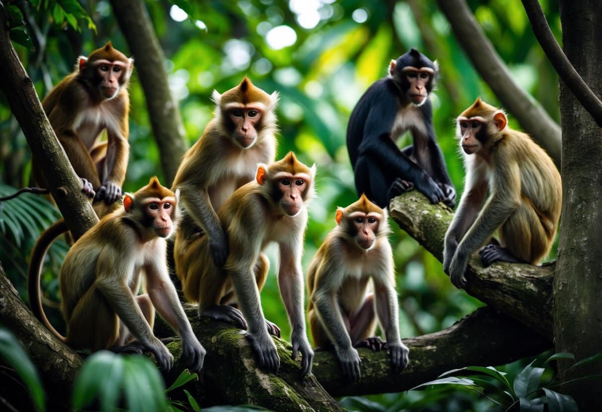 Vários tipos de macacos diferentes em seu habitat natural na floresta, com folhagem verde ao redor.