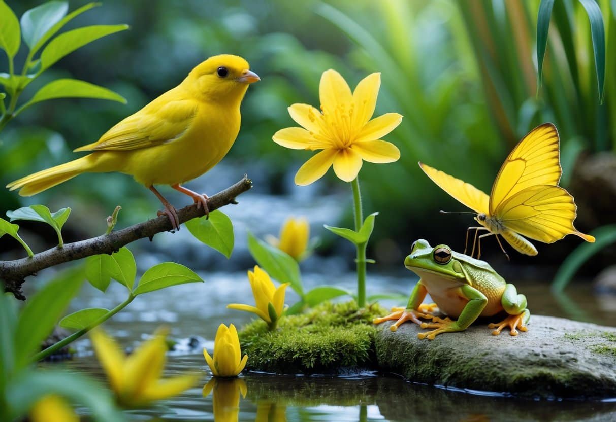 Vários animais amarelos, incluindo um canário, uma borboleta e um sapo, em um ambiente natural com plantas e água.