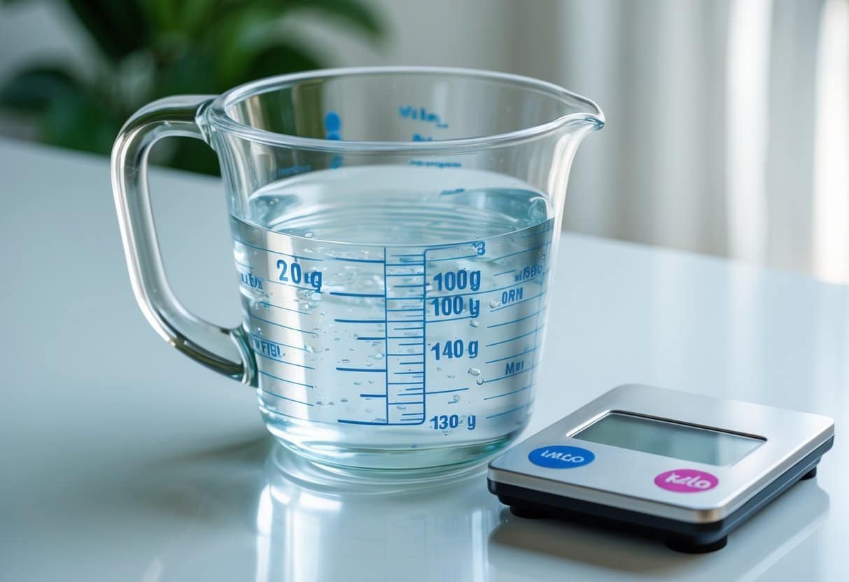 Um copo medidor transparente com um litro de água ao lado de uma balança digital mostrando o peso da água.
