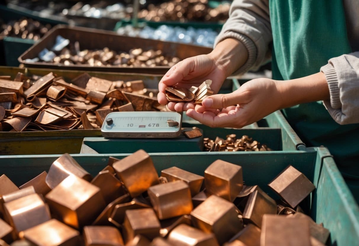 Pessoa segurando pedaços de bronze em um mercado de metais para avaliação do preço por quilo.