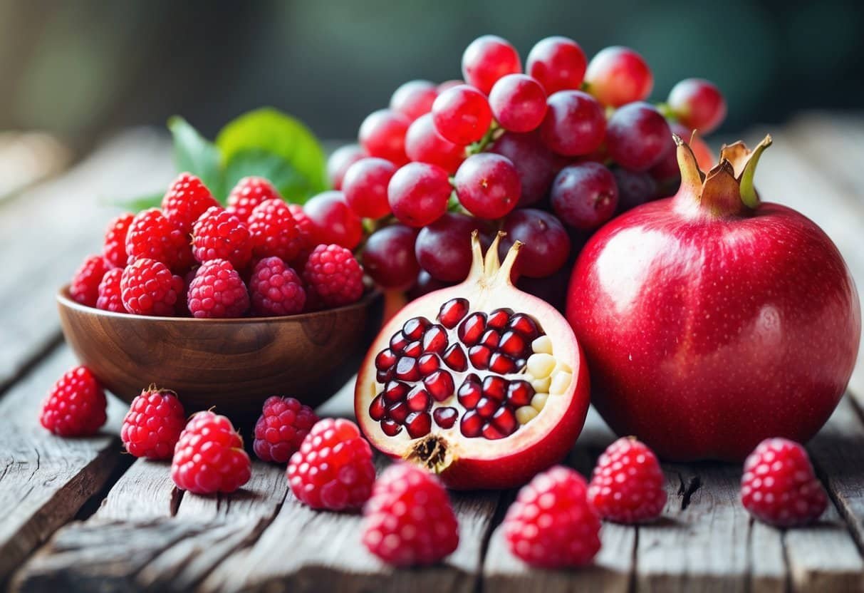Uma variedade de frutas vermelhas frescas, incluindo framboesas, uvas, maçã e romã, dispostas sobre uma superfície de madeira.