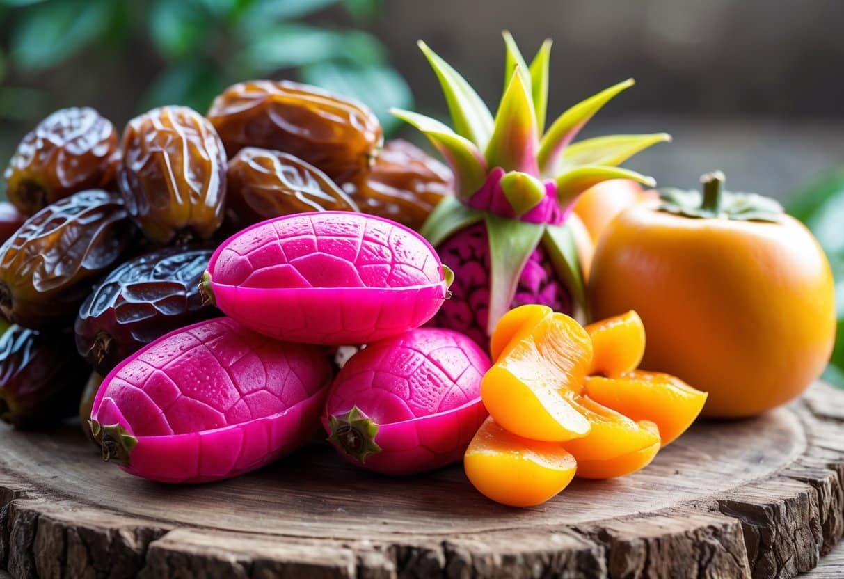 Vários tipos de frutas frescas que começam com a letra D, como tâmaras, pitayas e caquis, dispostas sobre uma superfície de madeira.