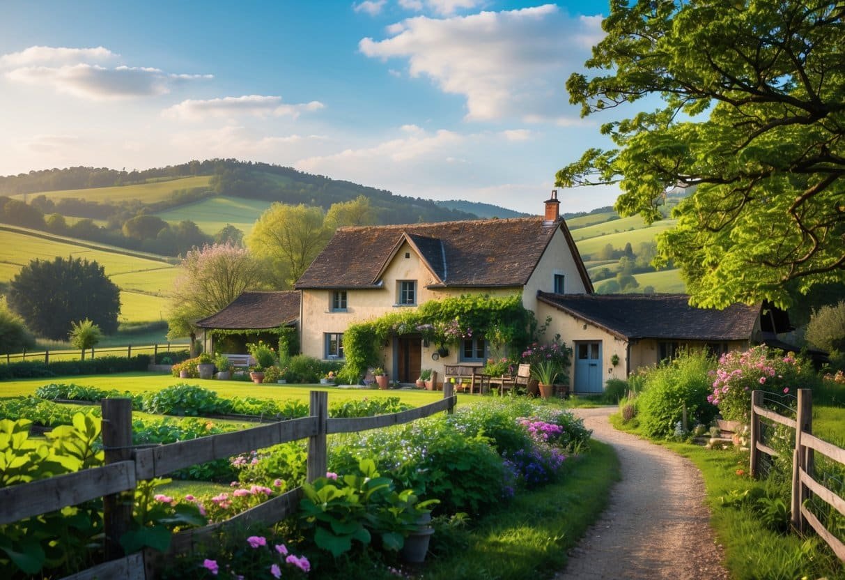 Paisagem rural com uma casa de campo cercada por vegetação verde, flores, árvores frutíferas e um jardim, sob um céu azul com nuvens.
