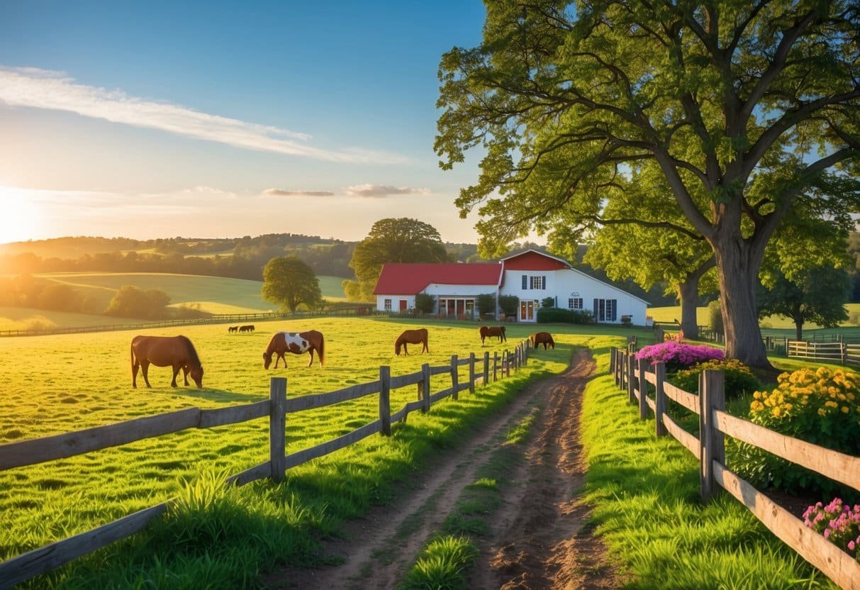 Cena de uma fazenda com pasto verde, vacas e cavalos, uma casa de fazenda rústica com jardim e árvores ao redor, sob um céu claro ao amanhecer.