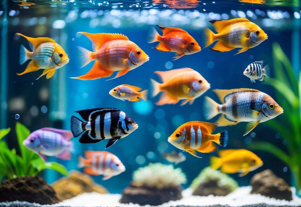 Vários peixes tropicais coloridos nadando em um aquário com plantas aquáticas ao fundo.