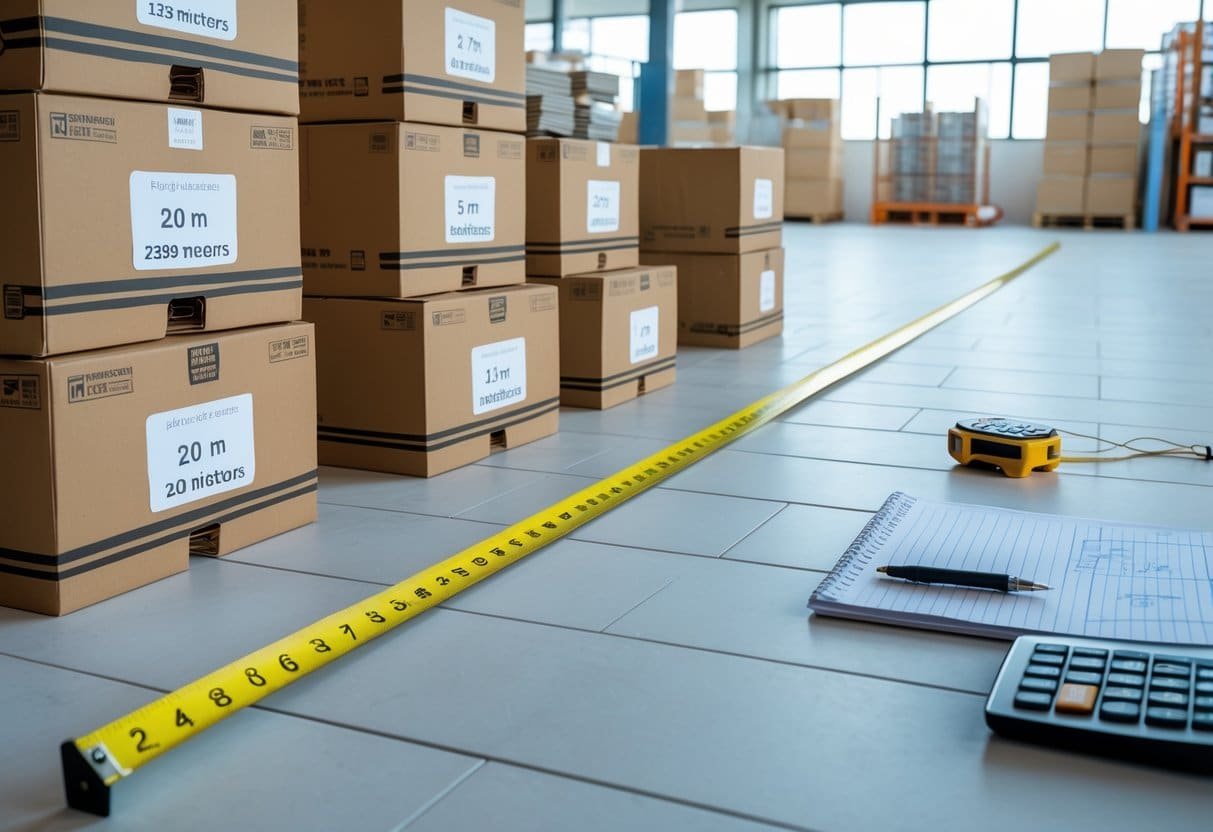 Caixas de cerâmica empilhadas ao lado de uma fita métrica estendida sobre o piso com algumas peças de cerâmica colocadas, junto com uma calculadora e um caderno com anotações.