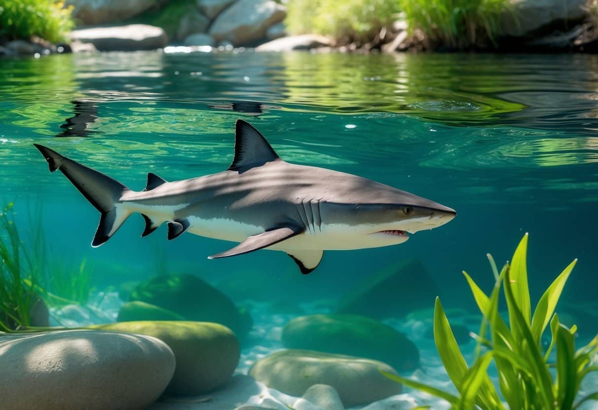 Um tubarão de água doce nadando em um rio claro com plantas aquáticas e pedras ao redor.