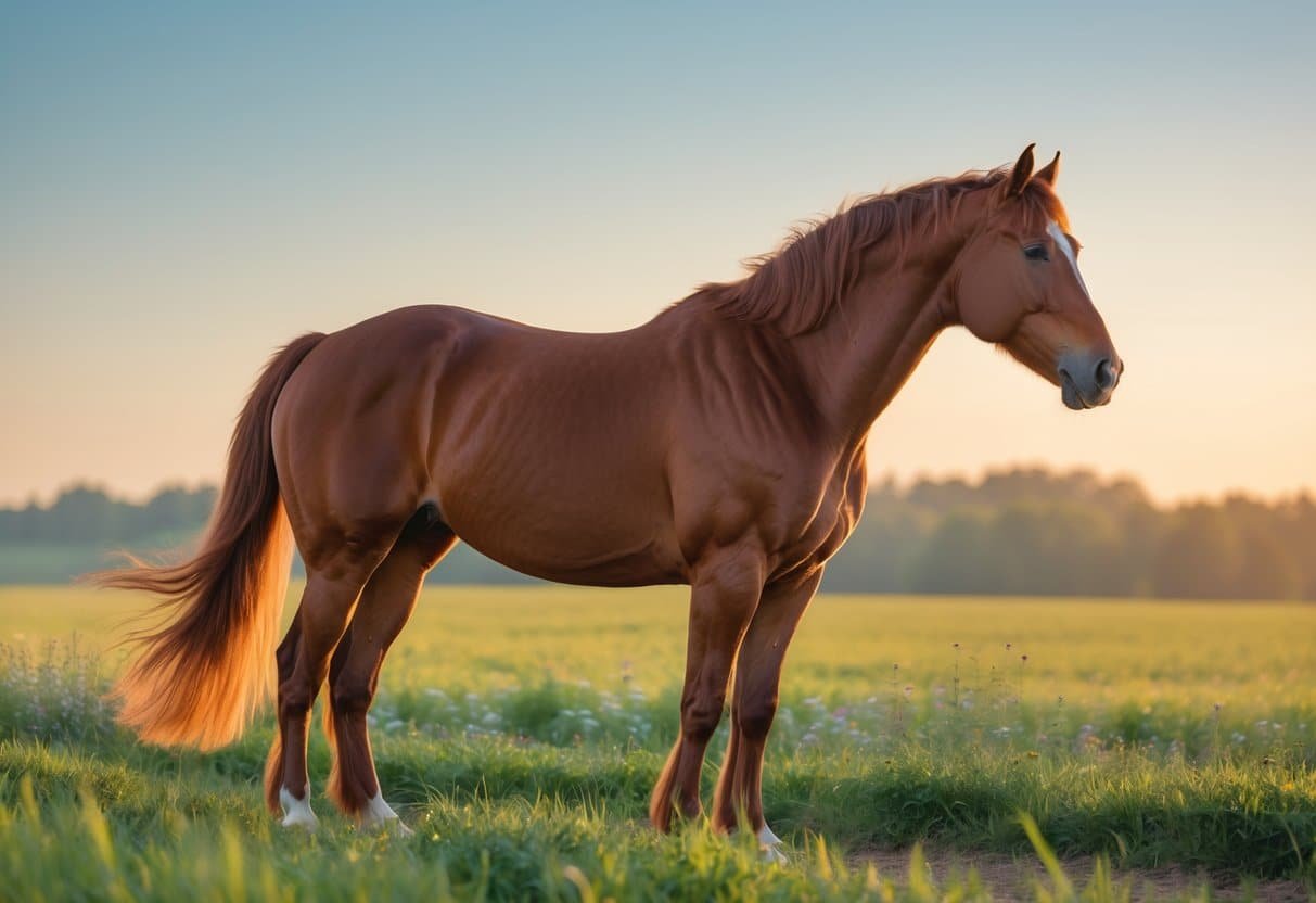 Cavalo majestoso em um campo aberto iluminado pelo sol, com pelagem castanha brilhante e crina esvoaçante.