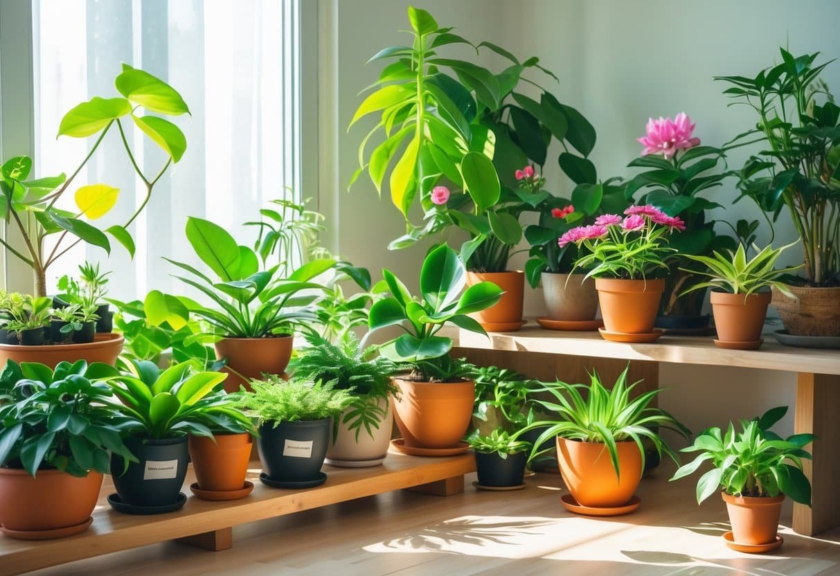 Vários vasos de plantas saudáveis e vibrantes dispostos em uma mesa de madeira perto de uma janela com luz natural.