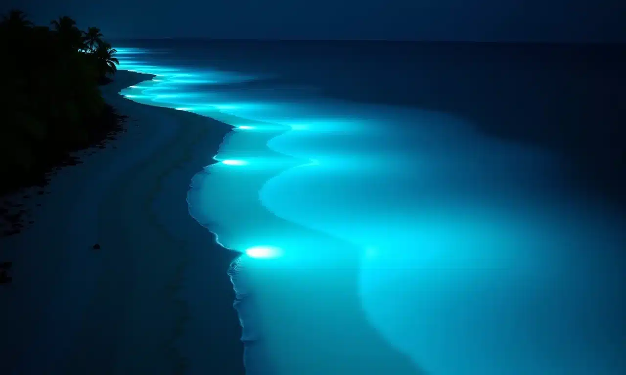 Vista aérea de plâncton bioluminescente iluminando uma praia tropical à noite.