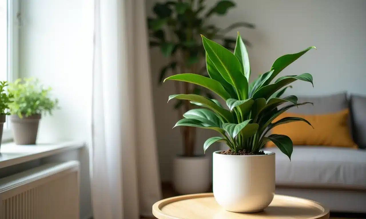 Zamioculca em vaso elegante em uma sala de estar minimalista.