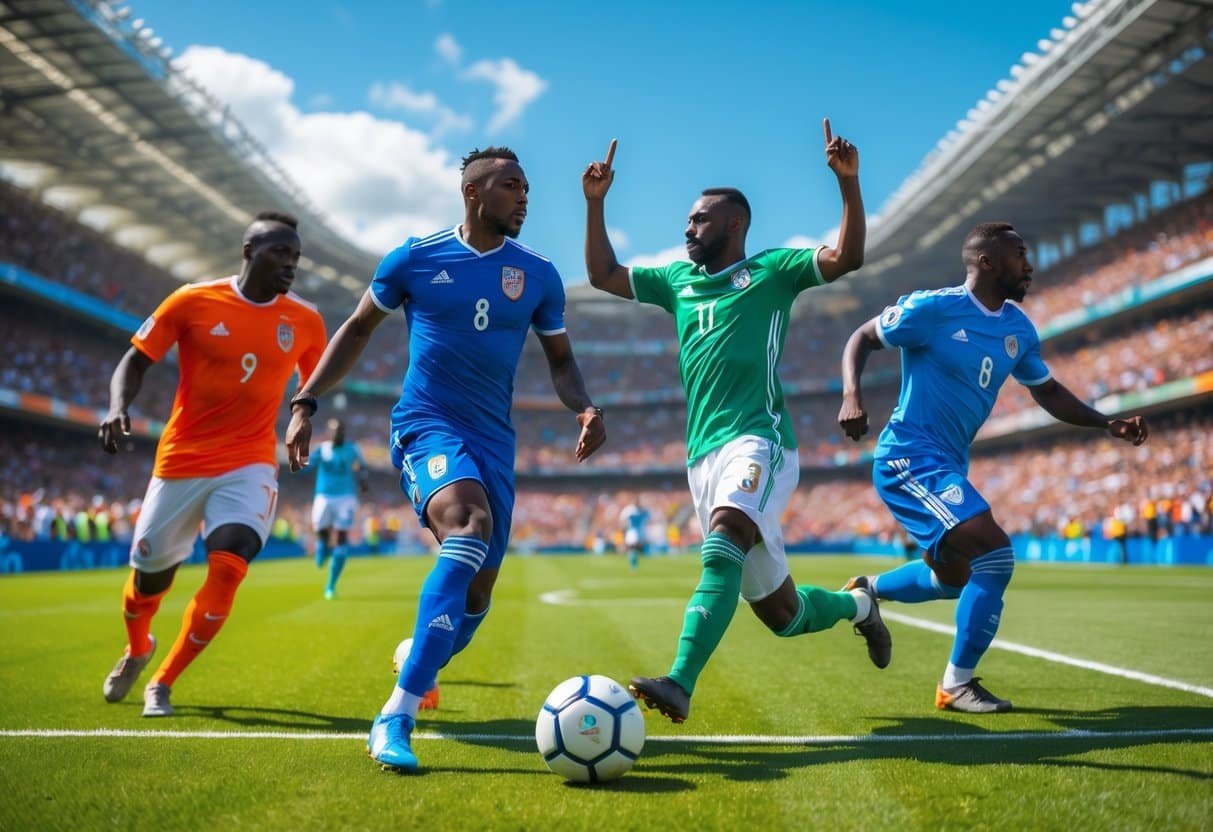 Quatro jogadores de futebol famosos em ação em um estádio cheio de torcedores durante o dia.
