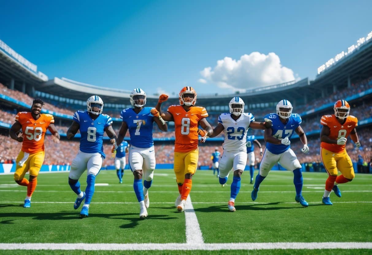 Grupo de jogadores de futebol famosos em campo, em ação durante uma partida em estádio cheio.