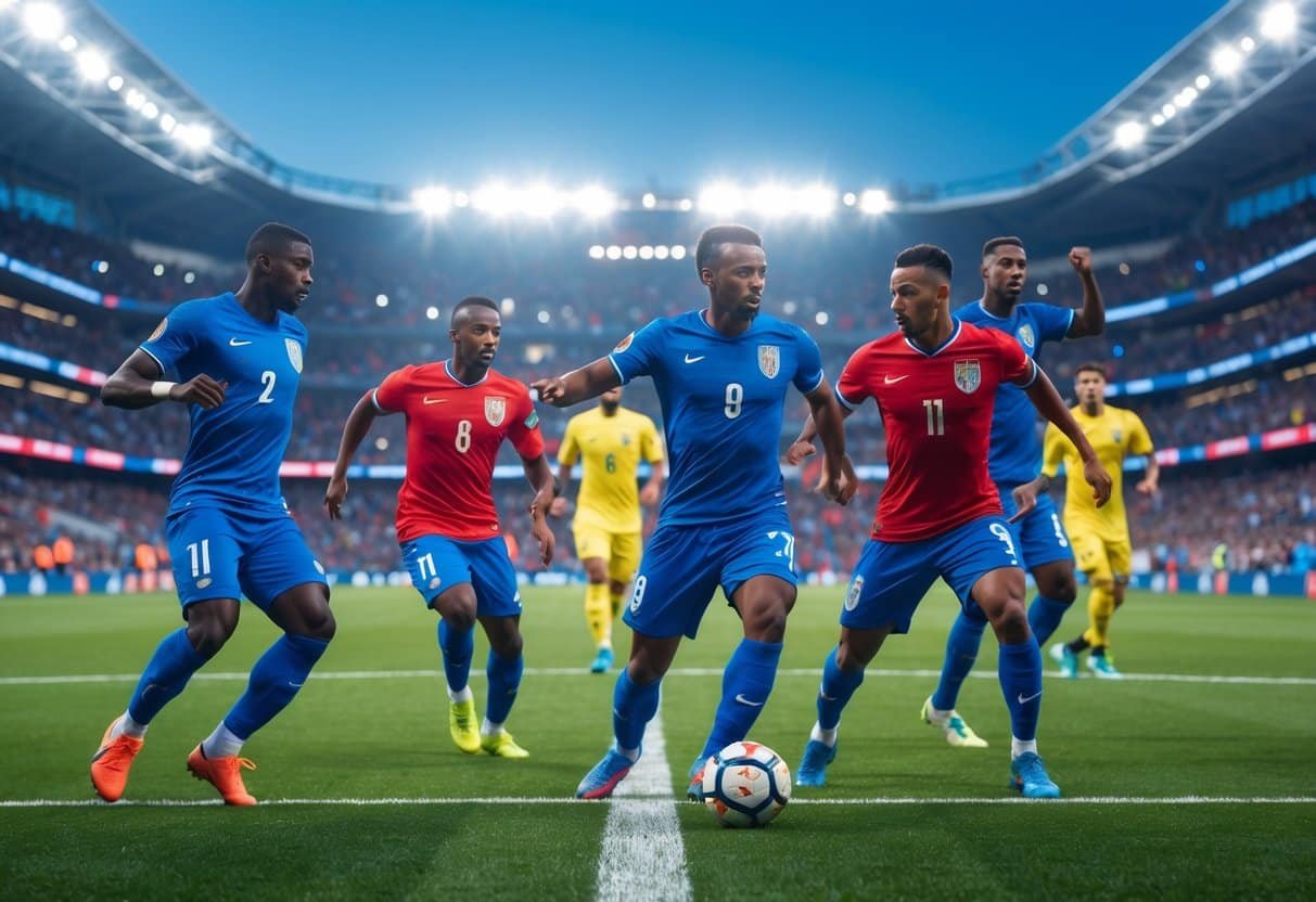 Jogadores de futebol em ação em um estádio lotado durante uma partida, com torcedores ao fundo e iluminação do campo.
