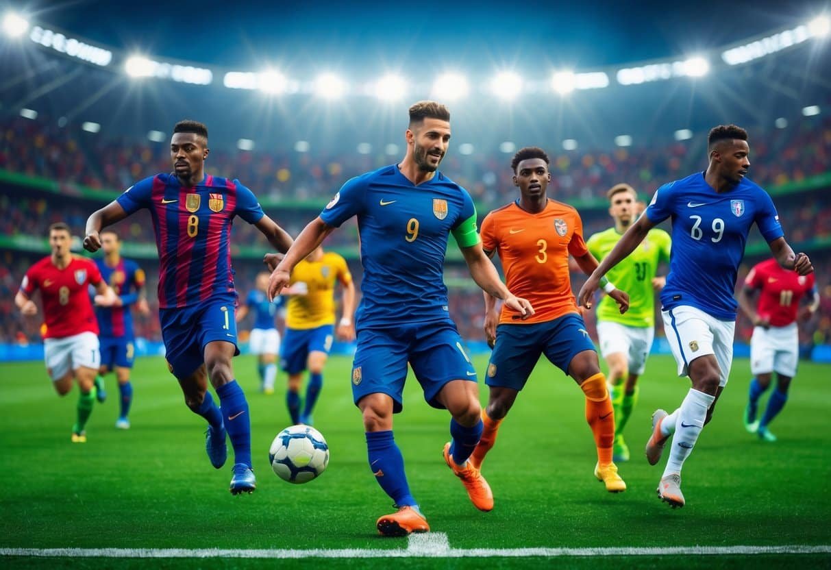 Vários jogadores de futebol famosos com a letra P em ação, jogando em um campo verde com estádio cheio ao fundo.