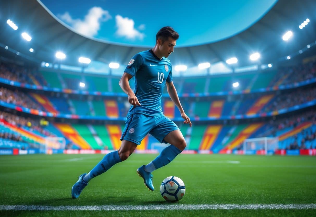 Jogador de futebol driblando a bola em campo durante uma partida em estádio cheio.