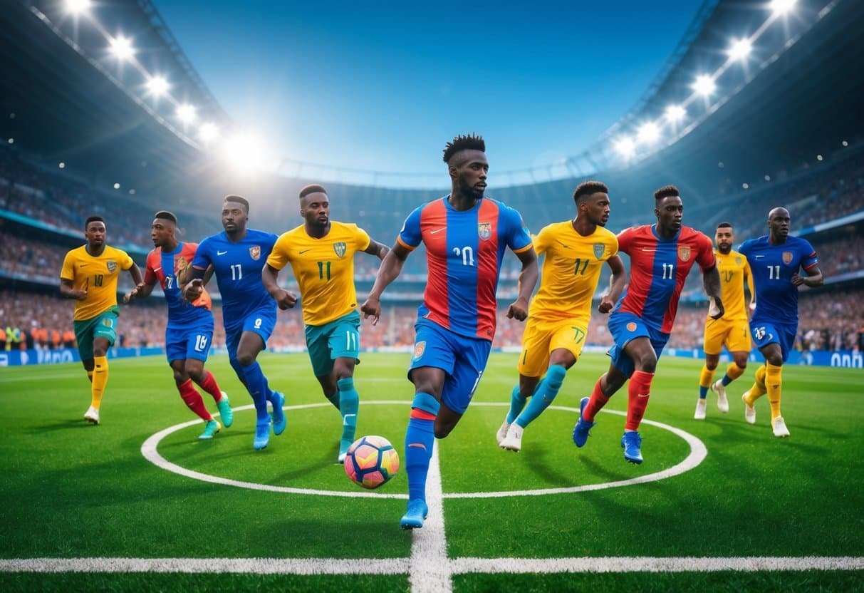 Vários jogadores de futebol em ação no campo, vestindo uniformes coloridos, com torcida ao fundo em estádio iluminado.