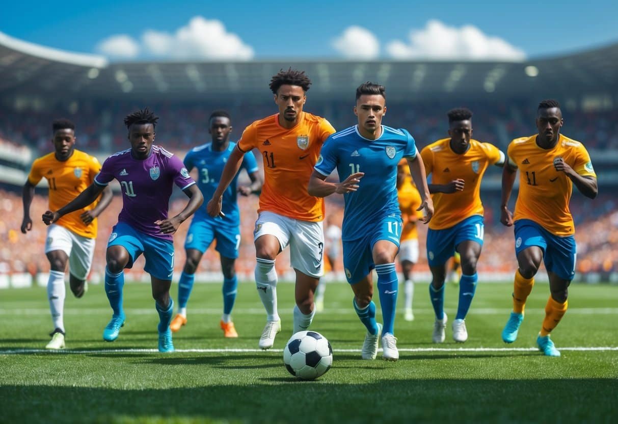 Jogadores de futebol em ação em um campo verde durante o dia, com estádio e torcida ao fundo.