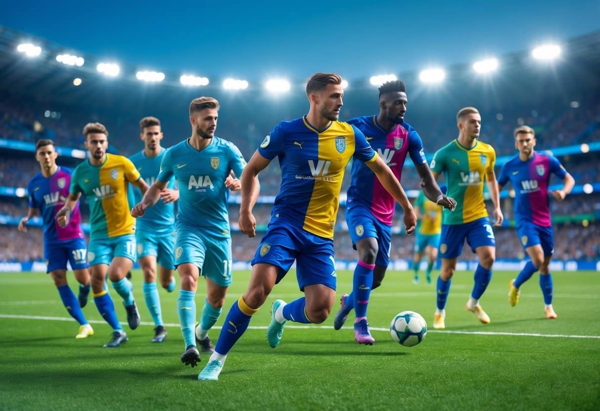 Grupo de jogadores de futebol em campo durante uma partida, mostrando ação e comemoração.