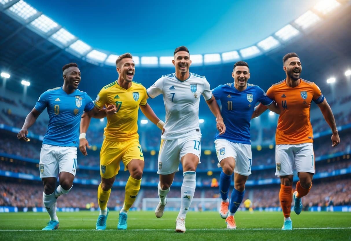 Cinco jogadores de futebol comemorando um gol em um estádio cheio de torcedores, com campo verde e iluminação de estádio ao fundo.