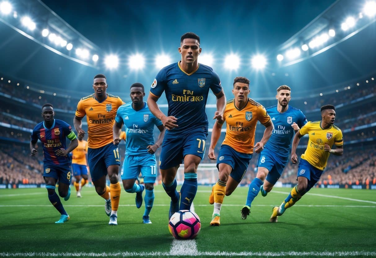 Jogadores de futebol em ação em um estádio iluminado, mostrando intensidade e paixão pelo esporte.