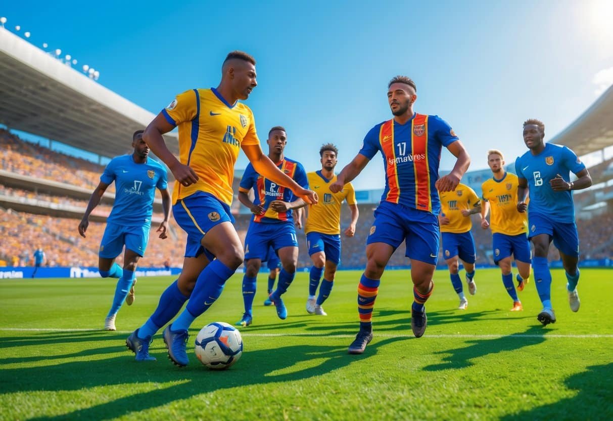 Jogadores de futebol em ação em um campo verde com estádio ao fundo, mostrando movimento e celebração.
