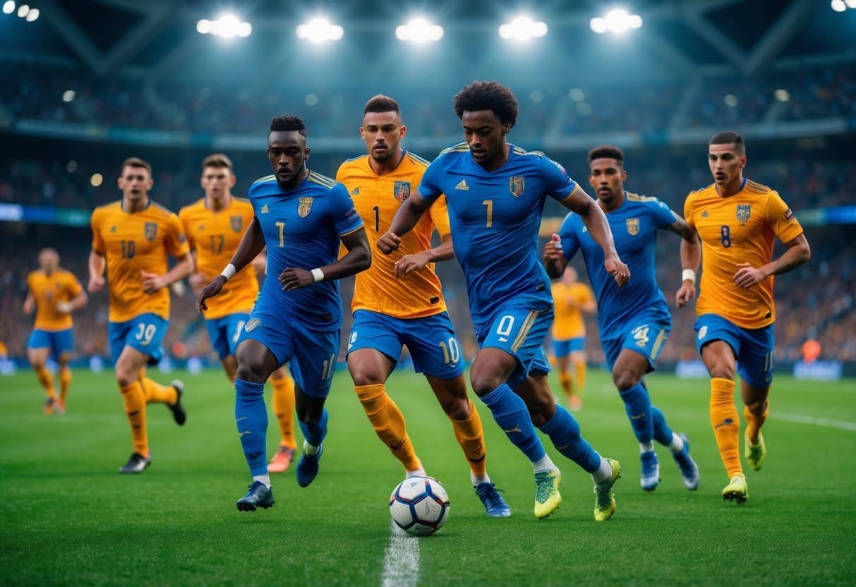 Jogadores de futebol em ação em um estádio com gramado verde, competindo por uma bola durante uma partida.