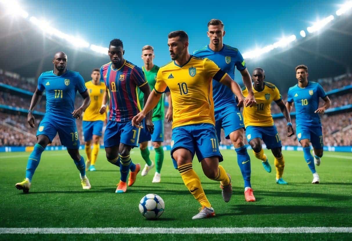 Jogadores de futebol em campo durante uma partida, em ação e concentrados no jogo.