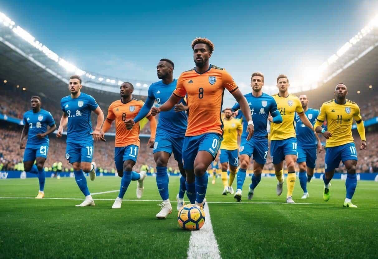 Jogadores de futebol famosos com a letra X em campo durante uma partida, mostrando ação e celebração.