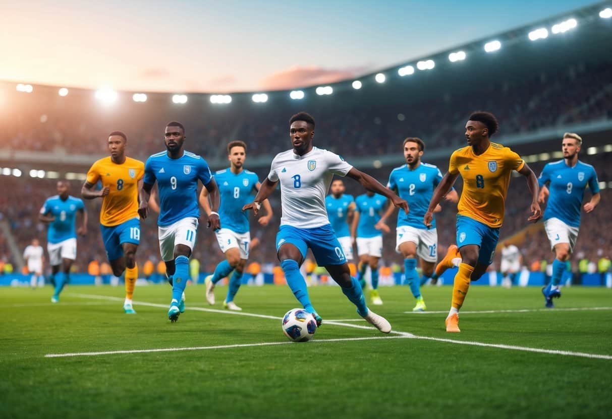 Grupo de jogadores de futebol em ação em um campo gramado de estádio durante um jogo, com jogadores driblando, passando e comemorando.