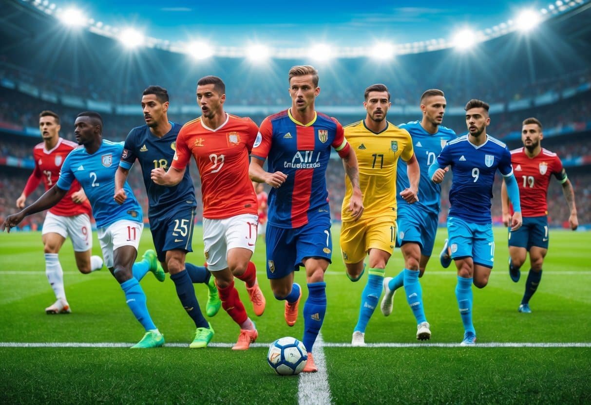 Jogadores de futebol famosos com nomes que começam com a letra W em campo, em ação durante uma partida, com estádio e torcida ao fundo.