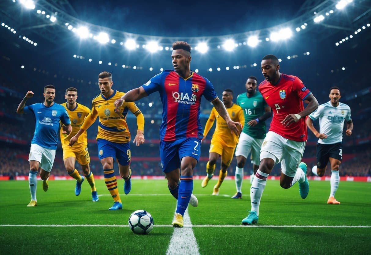 Jogadores de futebol famosos com nomes iniciados pela letra Z em ação no campo durante um jogo, com torcida ao fundo.