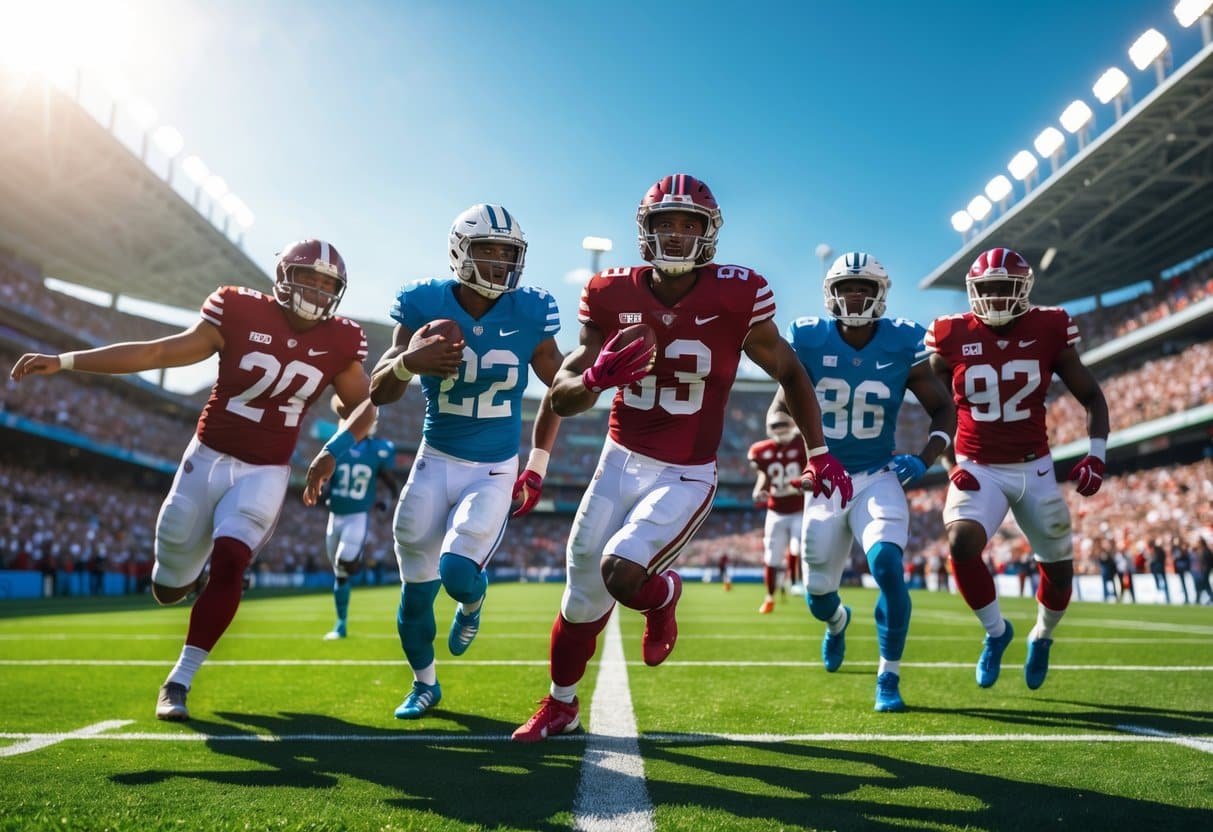 Jogadores de futebol famosos em ação em um estádio durante um jogo, com uniformes coloridos e torcida ao fundo.