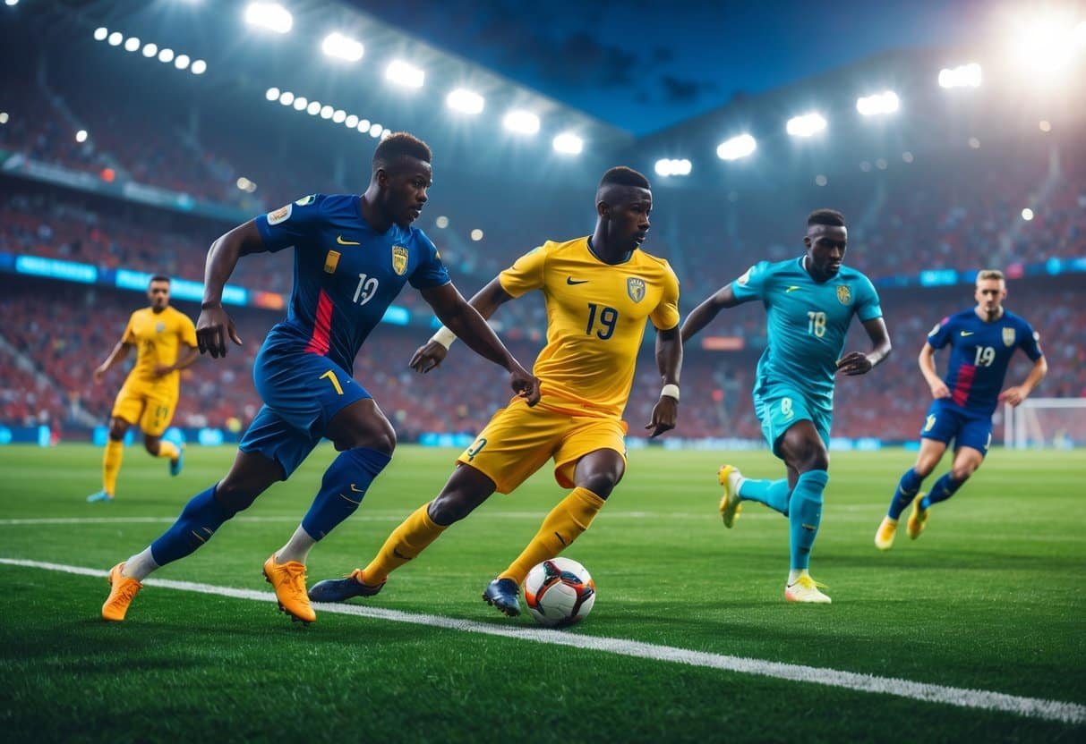 Jogadores de futebol em campo verde, em ação durante uma partida com torcida ao fundo.