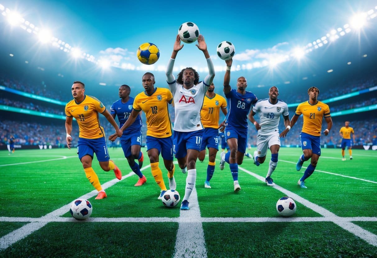 Grupo de jogadores de futebol em ação em um campo com estádio e torcida ao fundo.