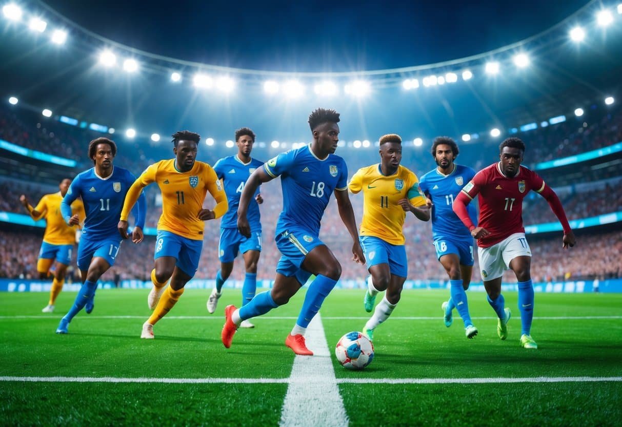 Jogadores de futebol famosos com a letra H em ação em um campo de futebol durante uma partida.