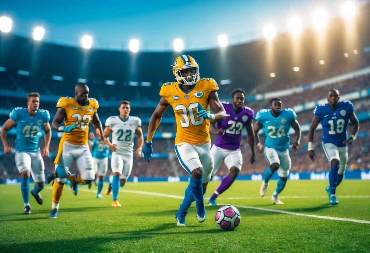 Grupo de jogadores de futebol famosos em ação em um campo verde durante uma partida, com vários atletas correndo e controlando a bola.