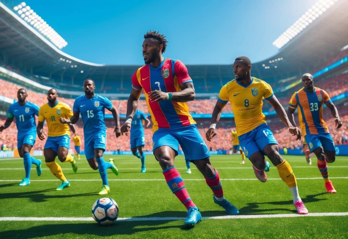 Grupo de jogadores de futebol em ação em um campo durante um jogo, com torcedores ao fundo.