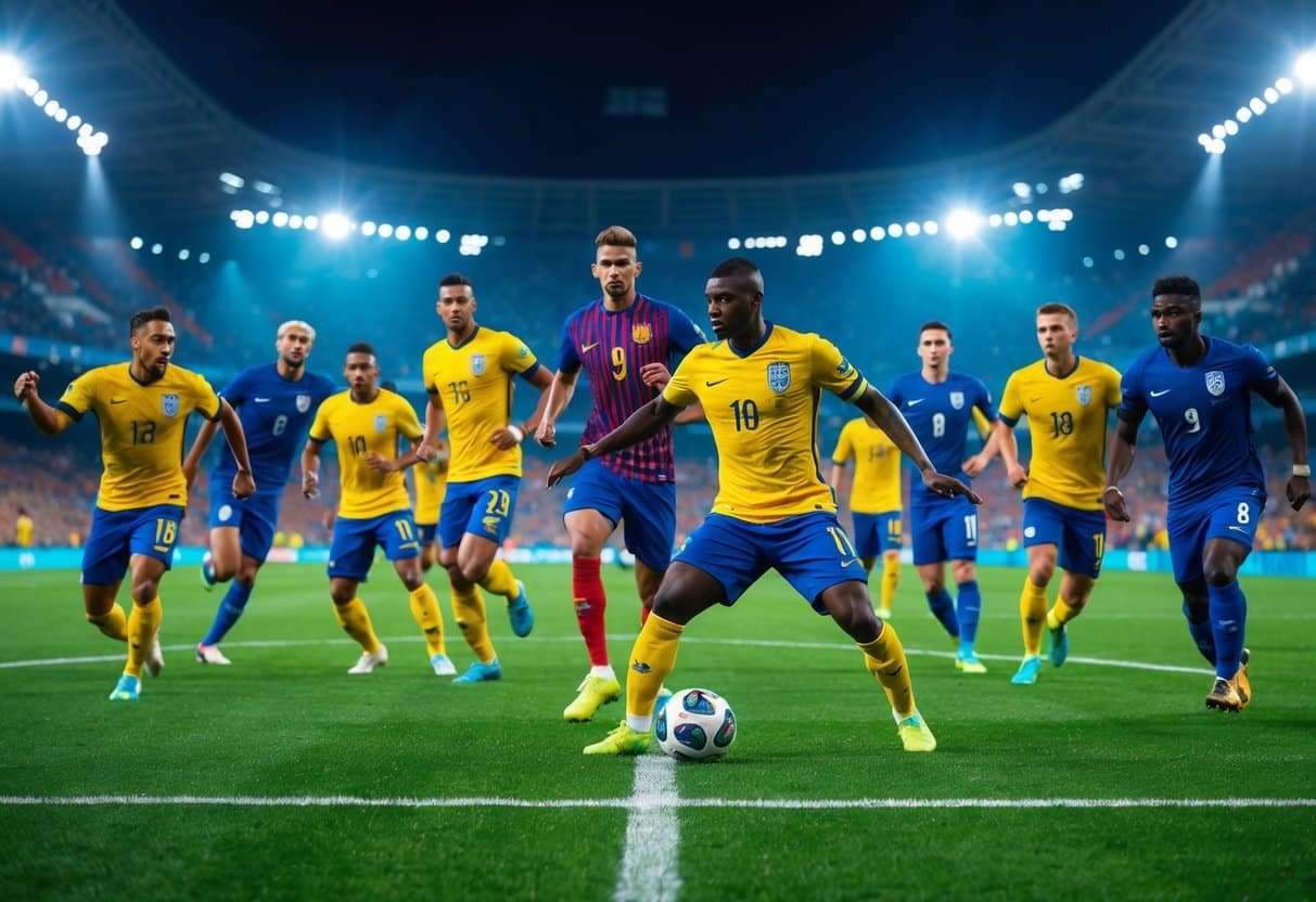 Jogadores de futebol internacionais em ação em um campo com estádio cheio ao fundo.