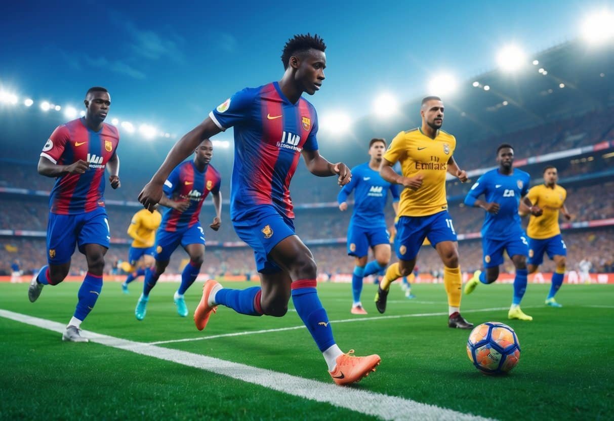 Grupo de jogadores de futebol em ação em um campo verde com estádio cheio ao fundo.