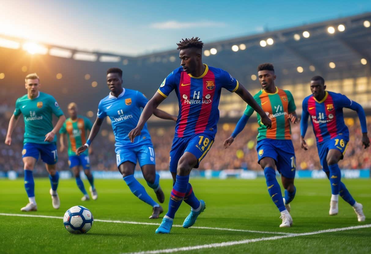 Jogadores de futebol em ação em um campo durante um jogo, com foco em movimentos dinâmicos e expressões concentradas.