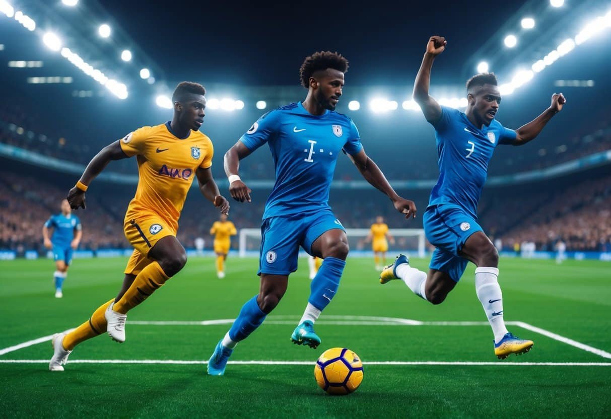 Três jogadores de futebol em ação em um campo gramado, um driblando, outro chutando a bola no ar e o terceiro comemorando um gol, com torcida ao fundo.