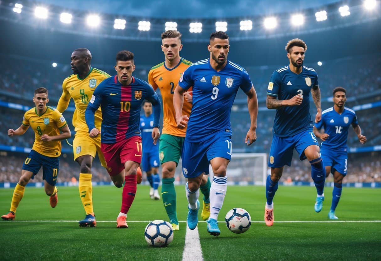 Jogadores internacionais famosos de futebol com a letra M em ação dentro de um estádio cheio de torcedores.