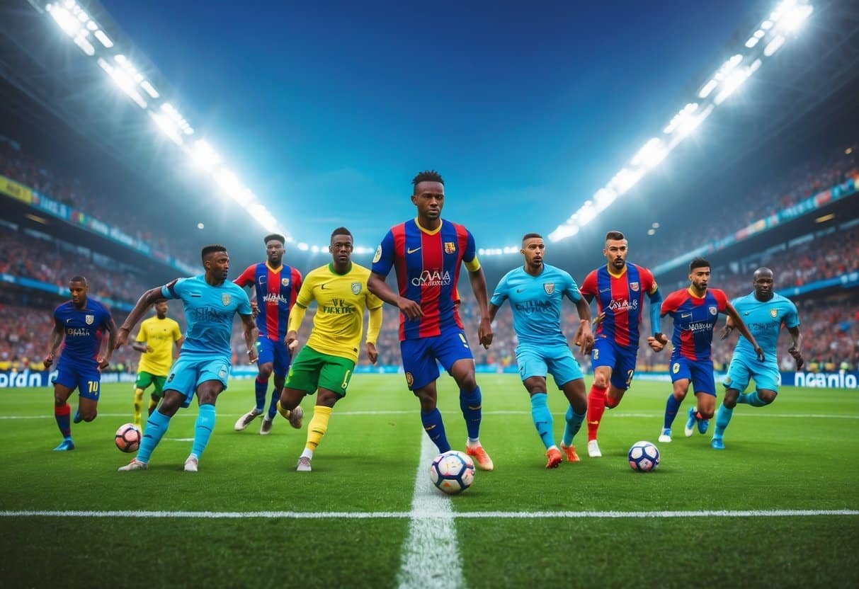 Grupo de jogadores de futebol em campo, em ação durante uma partida, com torcedores ao fundo.