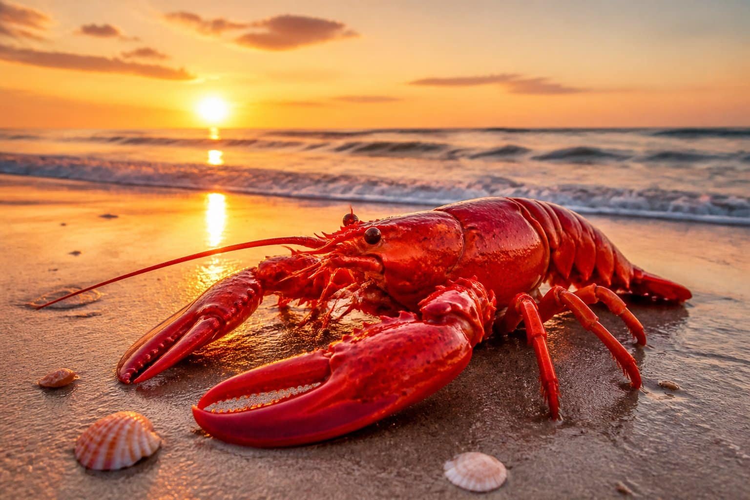 Uma lagosta vermelha descansando na areia molhada de uma praia tranquila ao nascer do sol, com o mar calmo ao fundo.