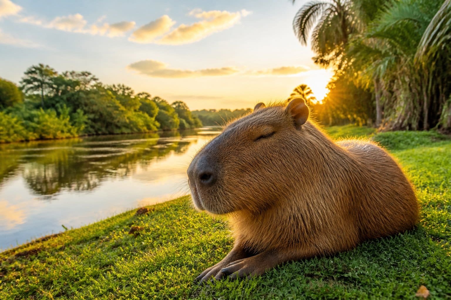 Uma capivara descansando pacificamente perto da margem de um rio, rodeada por vegetação tropical e água calma.