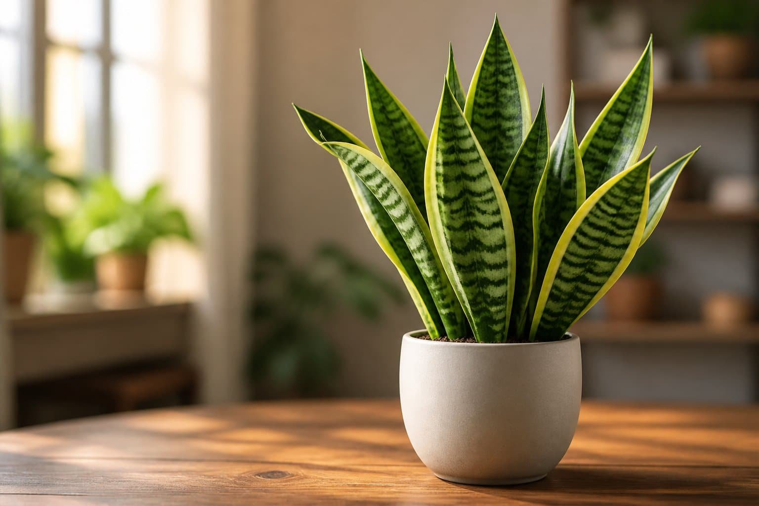 Planta espada de são jorge com folhas verdes longas e pontiagudas em vaso sobre superfície de madeira.