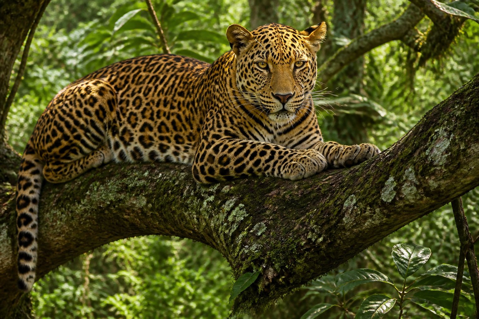 Leopardo descansando em um galho de árvore cercado por uma floresta verde e densa.