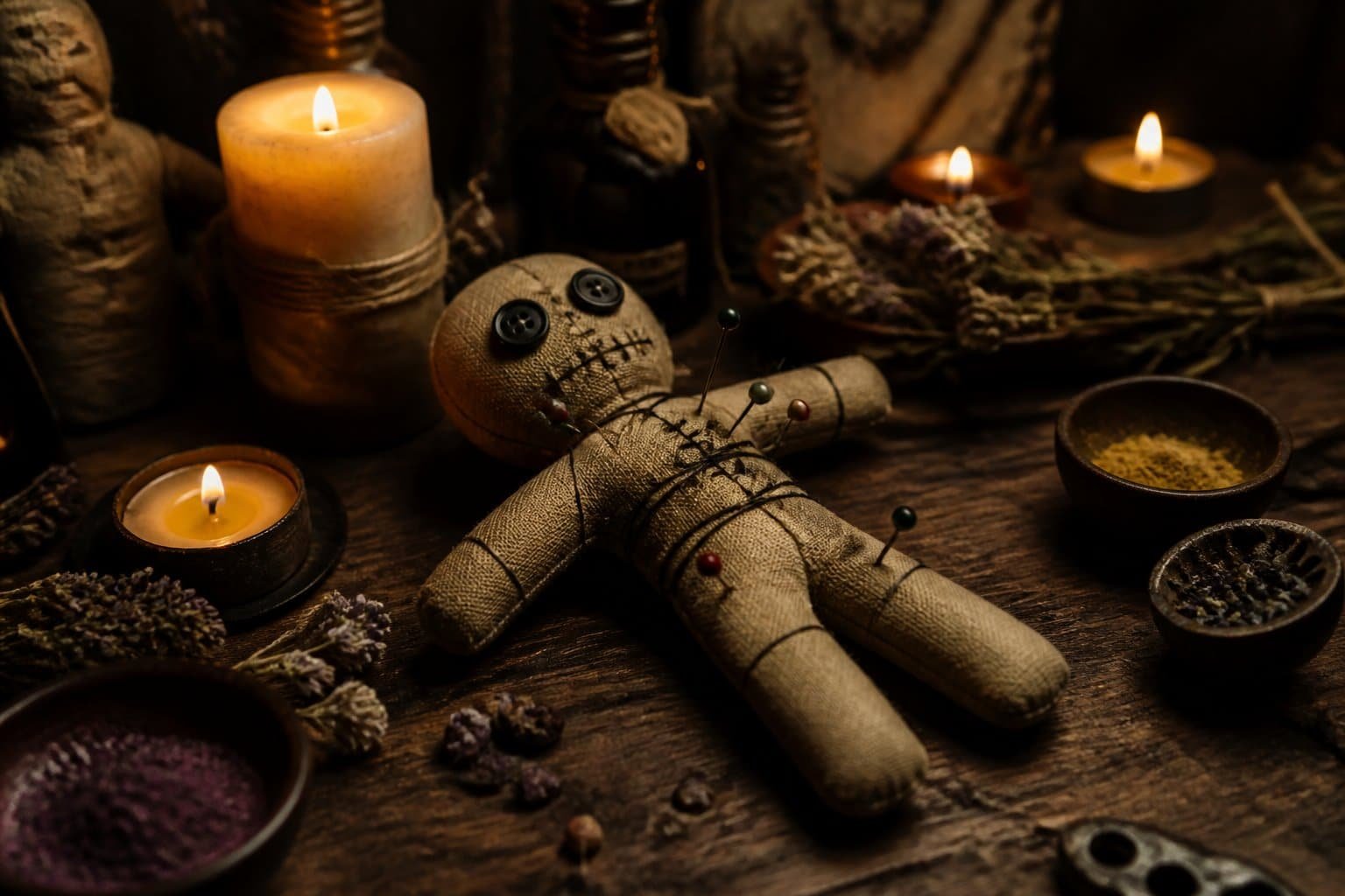 Boneco de vodu artesanal sobre mesa de madeira com velas acesas e elementos rituais ao redor.