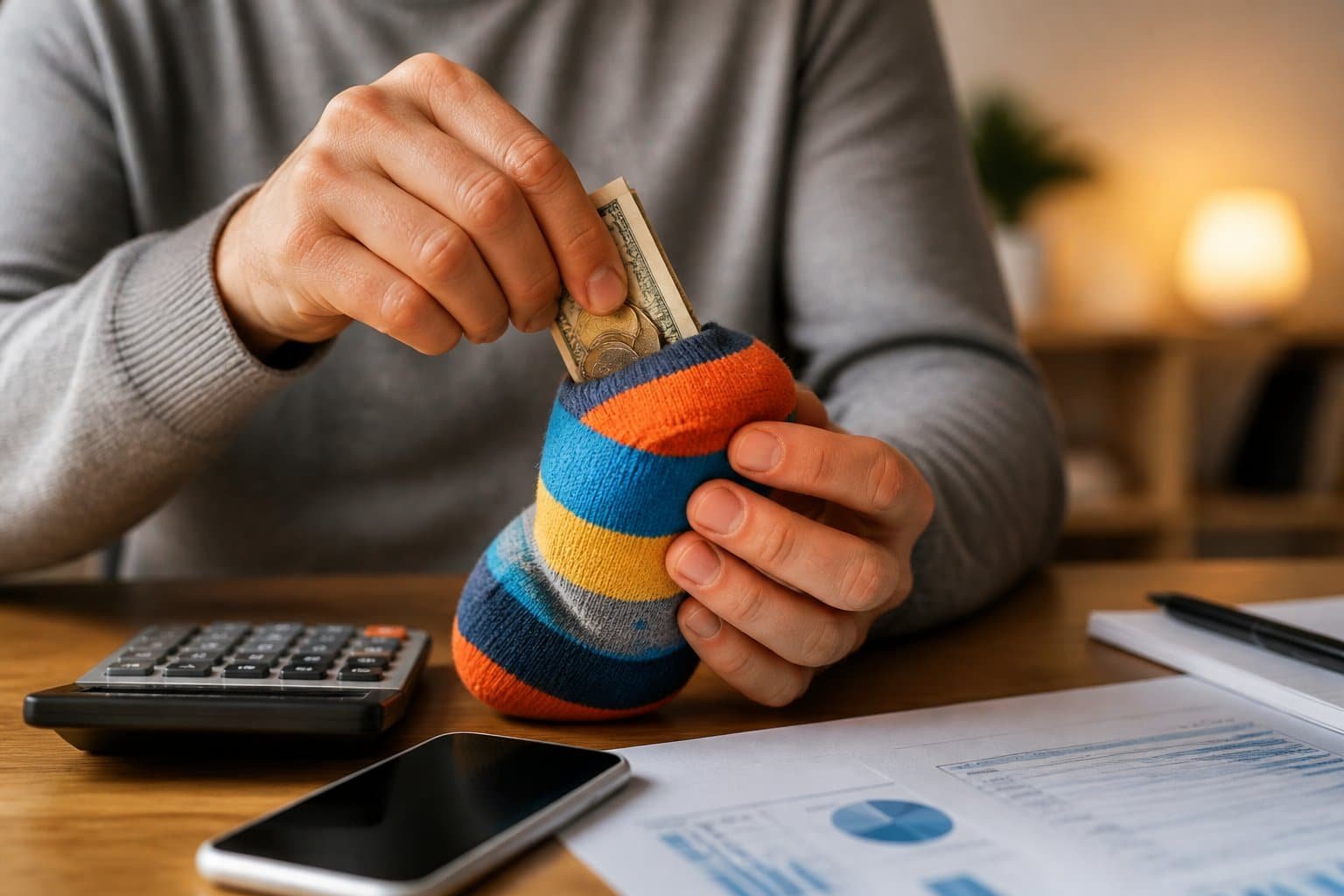 Mãos colocando dinheiro dobrado e moedas dentro de uma meia colorida usada como cofrinho sobre uma mesa com documentos e uma calculadora ao fundo.
